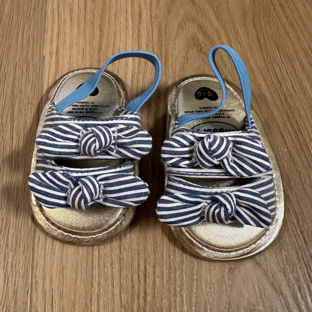 Myggpp Baby Girls Nautical Striped Bow Sandals Gold Metallic Soft Sole 0-6 Month
